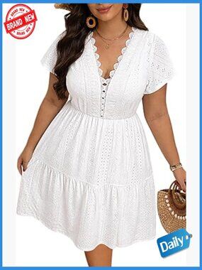 Plus Size Boho Sundress Eyelet Lace V Neck Short Sleeve Tiered Midi